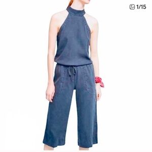 Cloth & Stone Bella Dahl Denim Wide Leg Jumpsuit Raw Hem High Neck Halter Romper